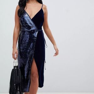 ASOS DESIGN Sequin & Velvet Cami Wrap MIDI Dress Royal Blue Size 2 Petite NWT